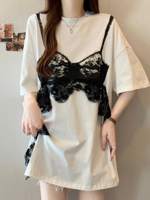 Lacey Detail Ladies Oversize T-Shirts